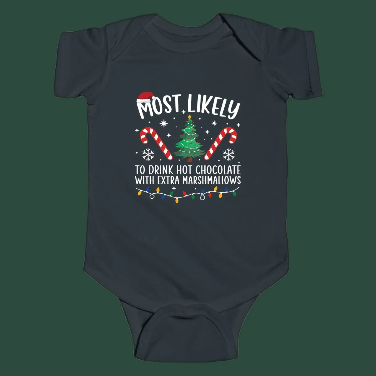 Hot chocolate christmas design with text, tree, candy canes, and Santa hat.