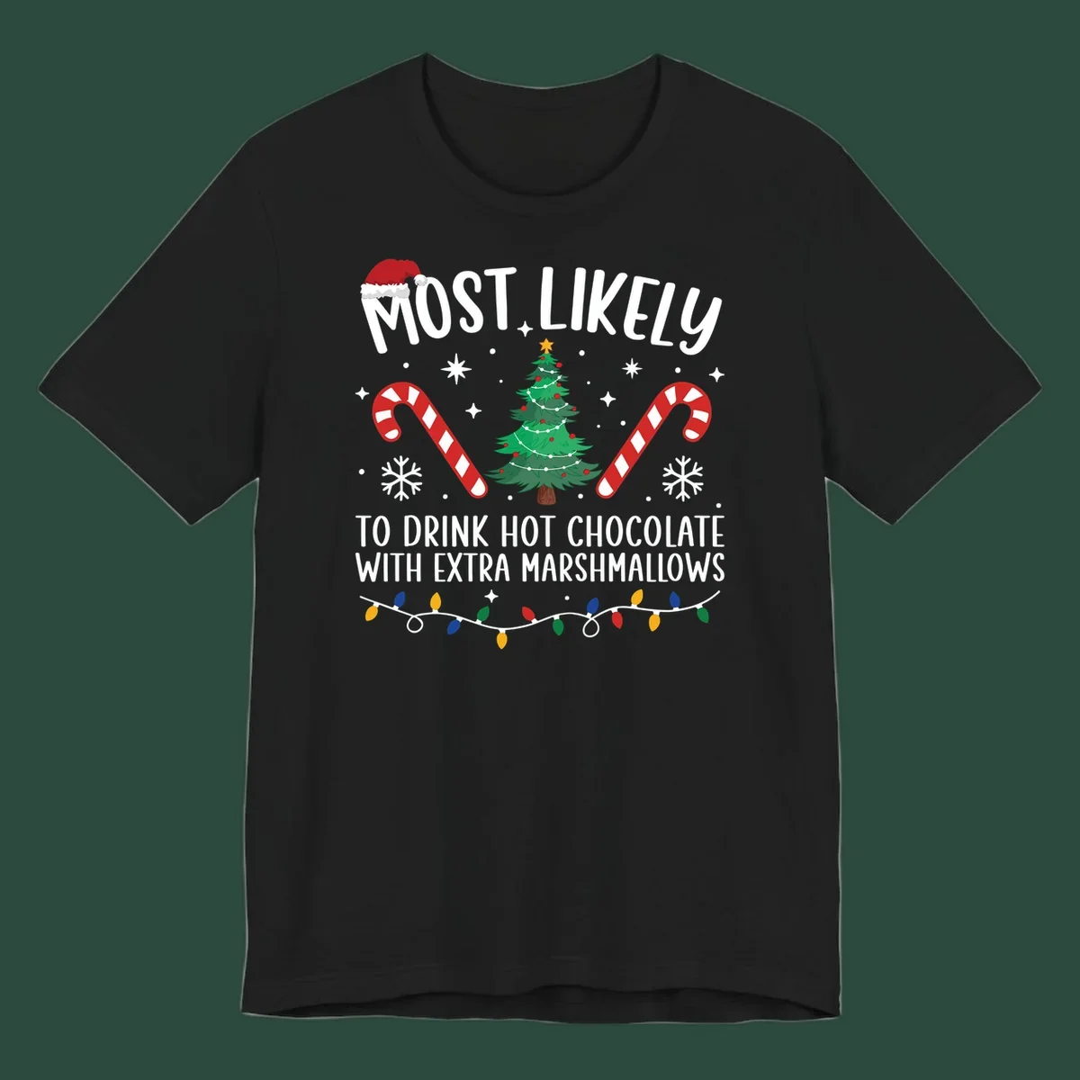 Hot chocolate christmas design with text, tree, candy canes, and Santa hat.
