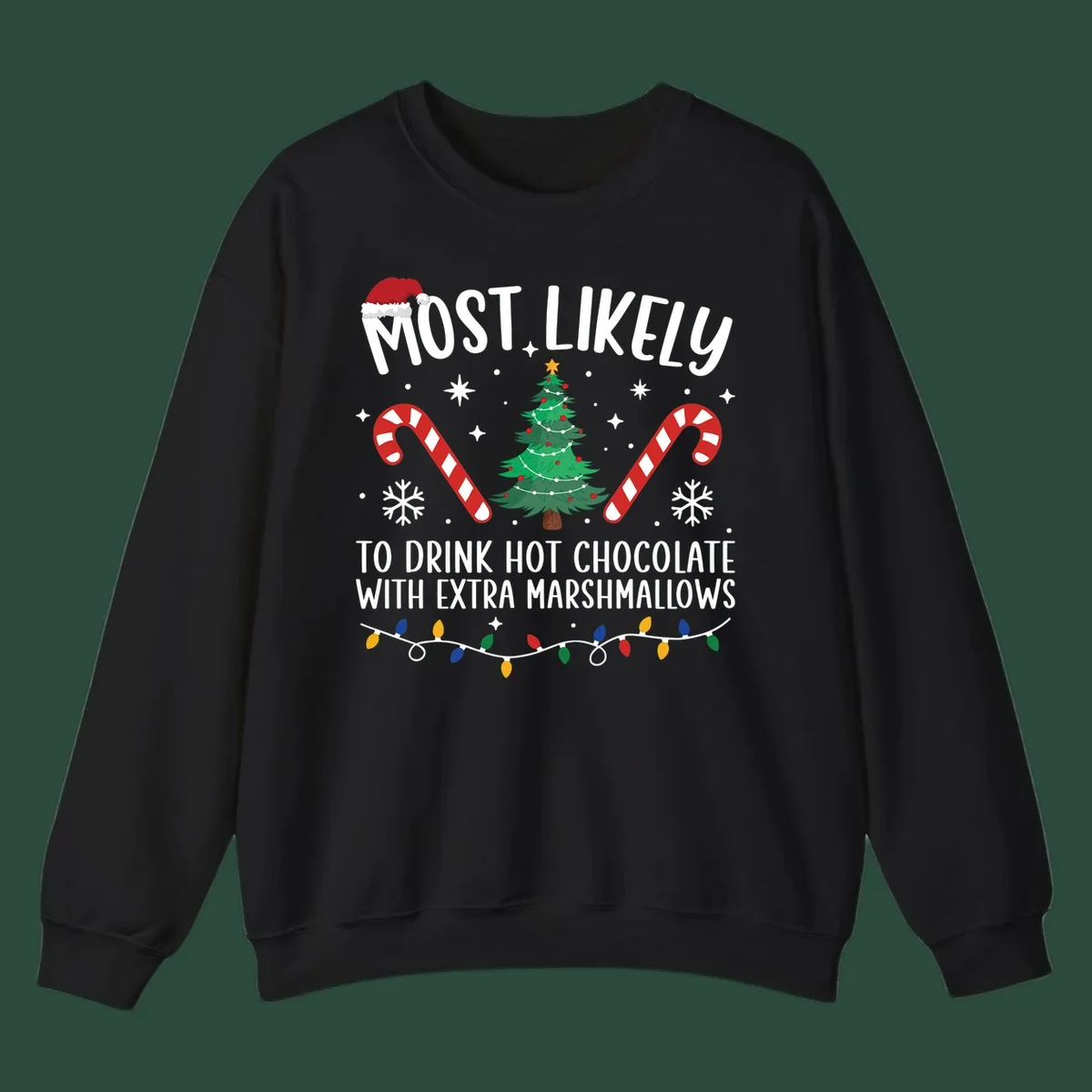 Hot chocolate christmas design with text, tree, candy canes, and Santa hat.