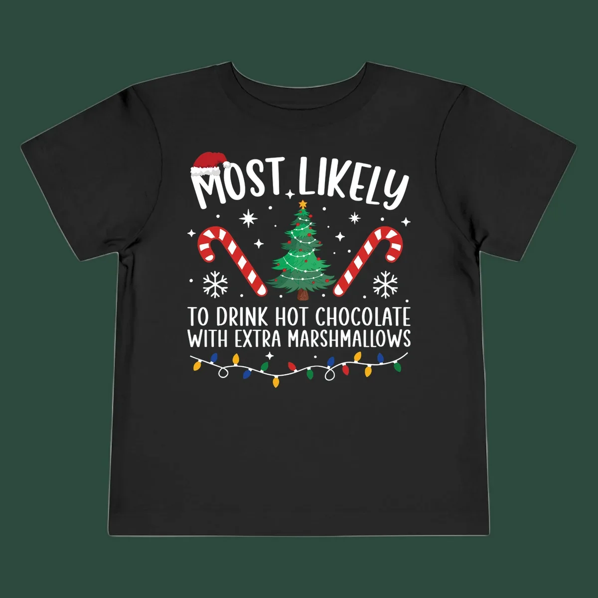 Hot chocolate christmas design with text, tree, candy canes, and Santa hat.