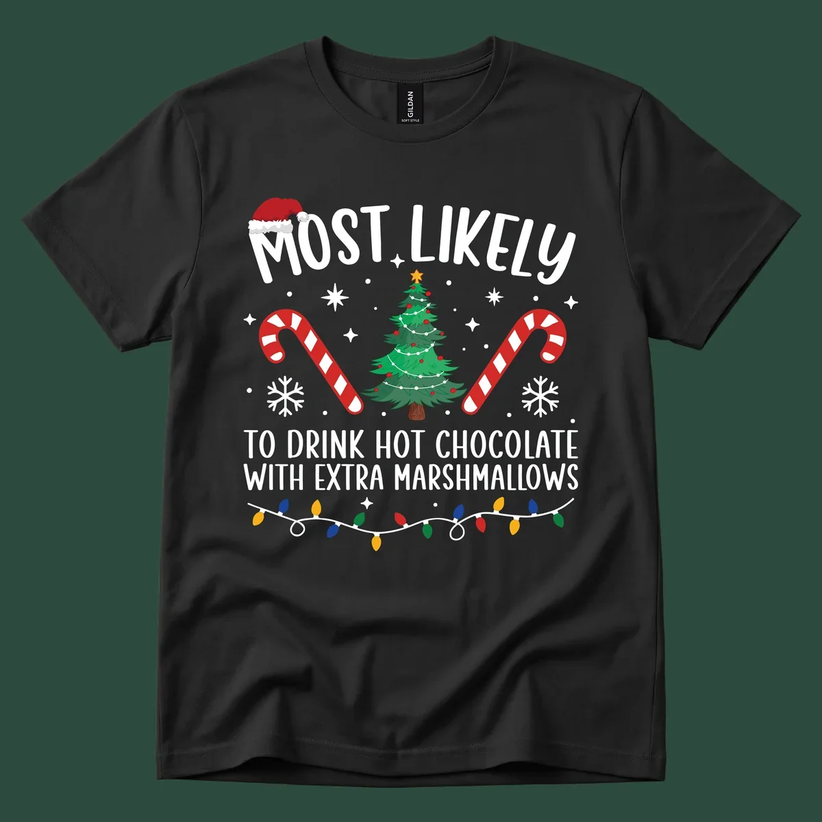 Hot chocolate christmas design with text, tree, candy canes, and Santa hat.