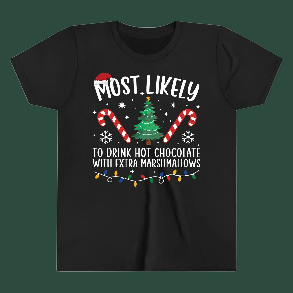 Hot chocolate christmas design with text, tree, candy canes, and Santa hat.