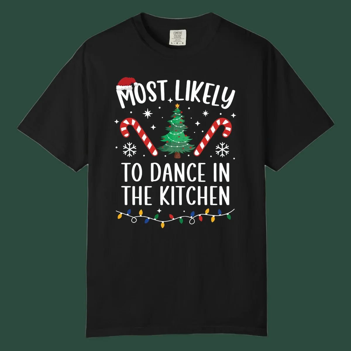 Most Likely To Dance In The Kitchen Christmas text with festive holiday graphics. christmas-design.