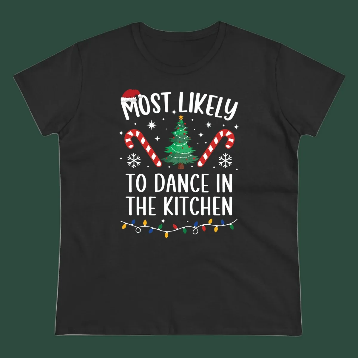 Most Likely To Dance In The Kitchen Christmas text with festive holiday graphics. christmas-design.
