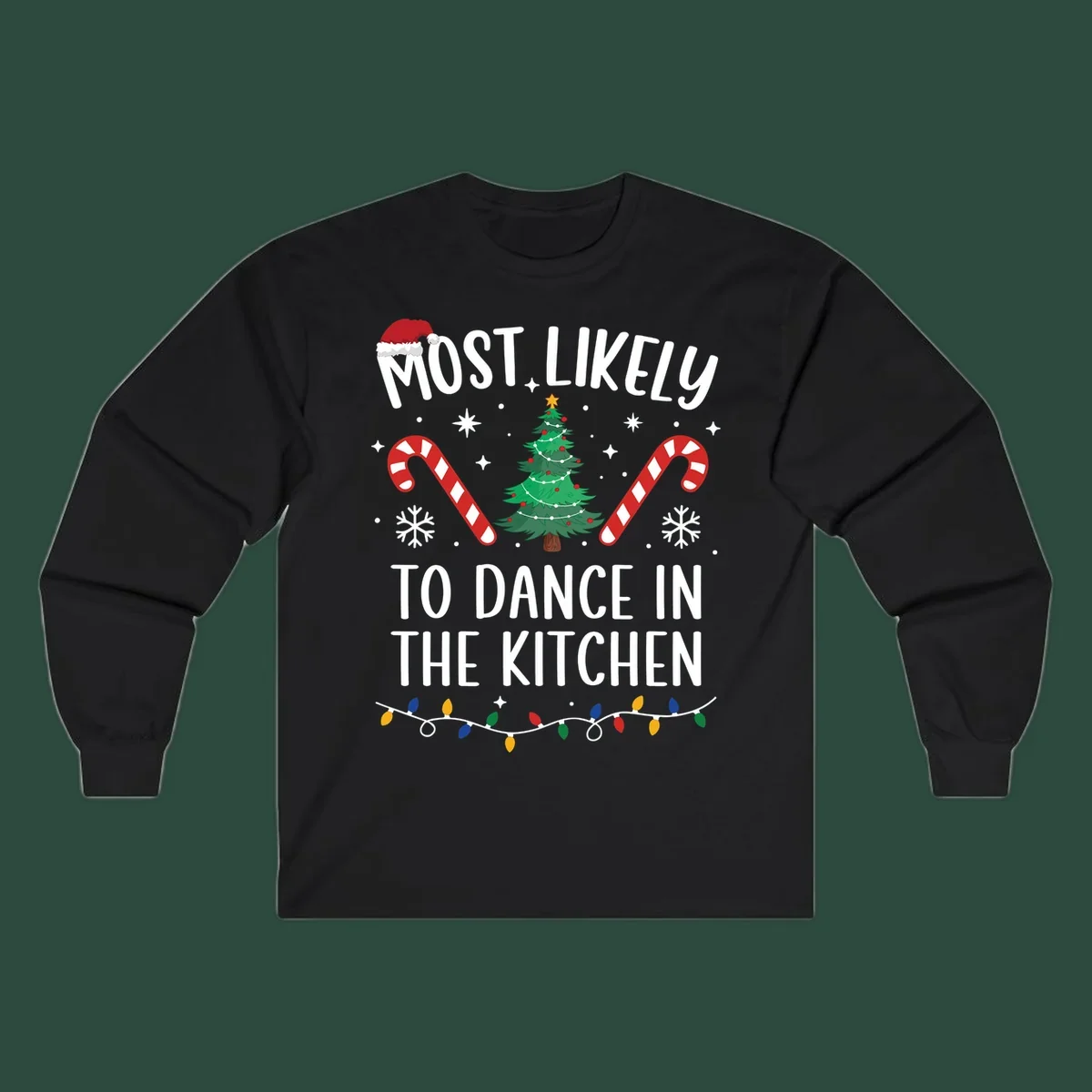 Most Likely To Dance In The Kitchen Christmas text with festive holiday graphics. christmas-design.