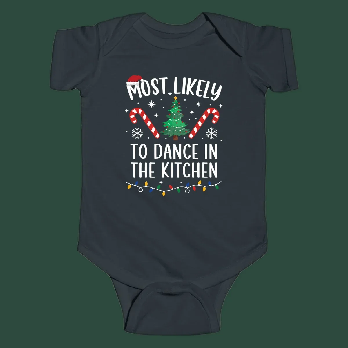 Most Likely To Dance In The Kitchen Christmas text with festive holiday graphics. christmas-design.