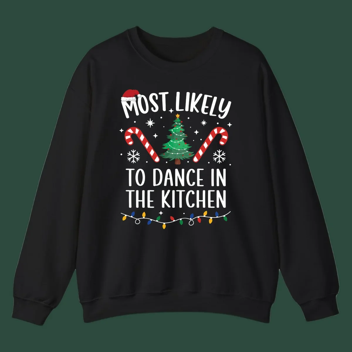 Most Likely To Dance In The Kitchen Christmas text with festive holiday graphics. christmas-design.