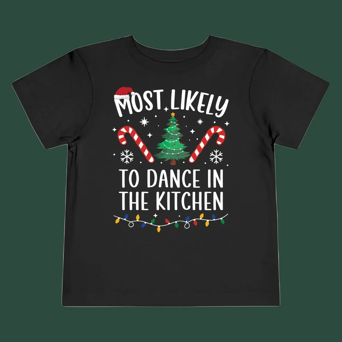 Most Likely To Dance In The Kitchen Christmas text with festive holiday graphics. christmas-design.