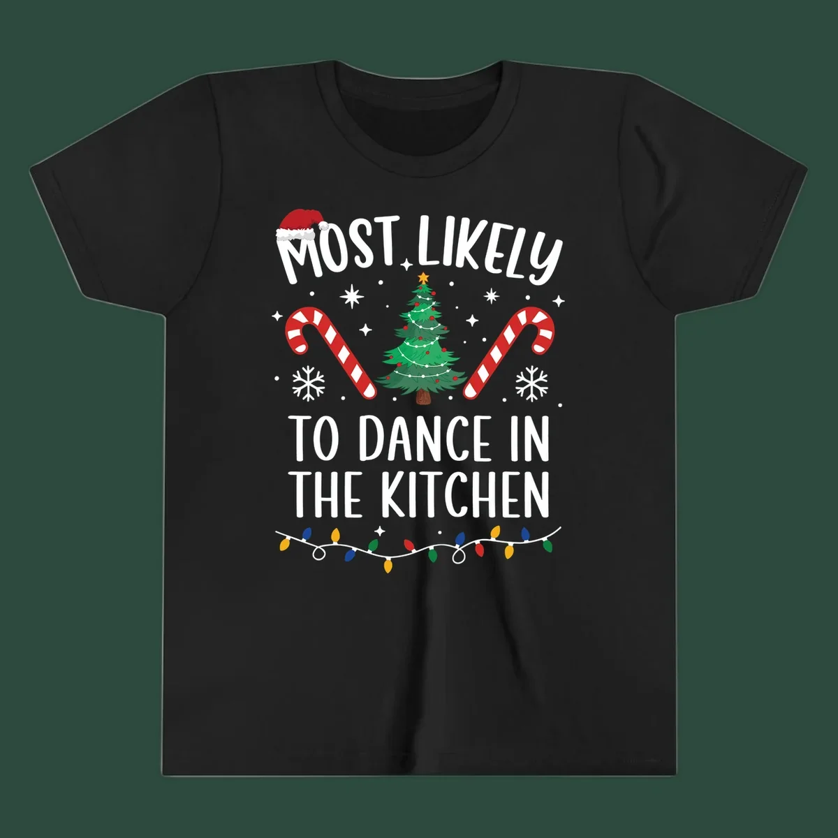 Most Likely To Dance In The Kitchen Christmas text with festive holiday graphics. christmas-design.