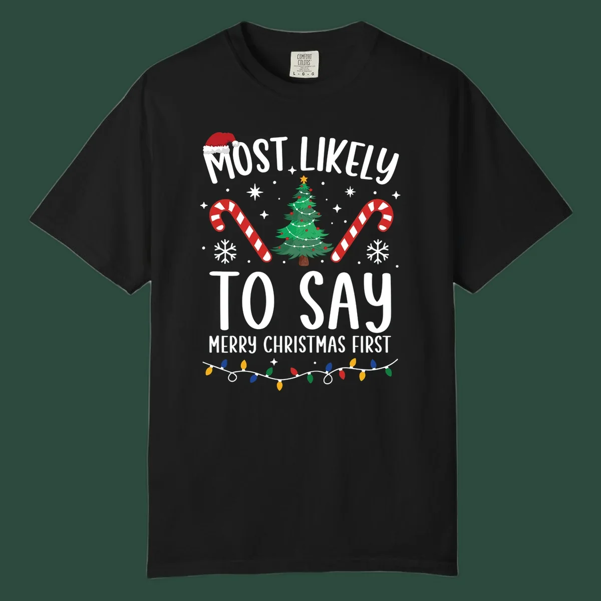 Most Likely To Say Merry Christmas First text with Christmas tree, candy canes, and Santa hat. Merry Christmas First keyword.