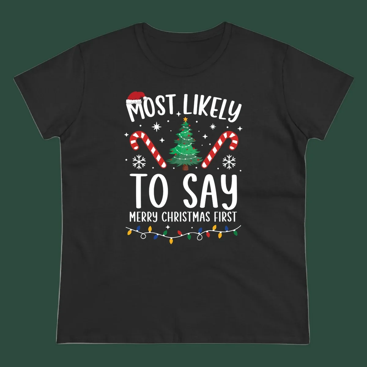 Most Likely To Say Merry Christmas First text with Christmas tree, candy canes, and Santa hat. Merry Christmas First keyword.