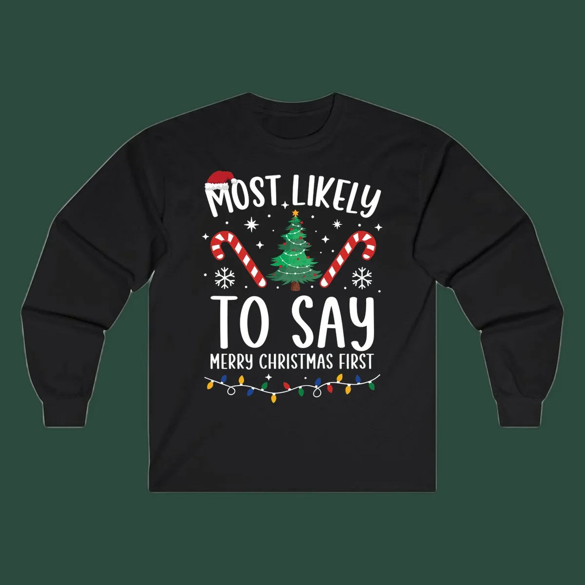 Most Likely To Say Merry Christmas First text with Christmas tree, candy canes, and Santa hat. Merry Christmas First keyword.