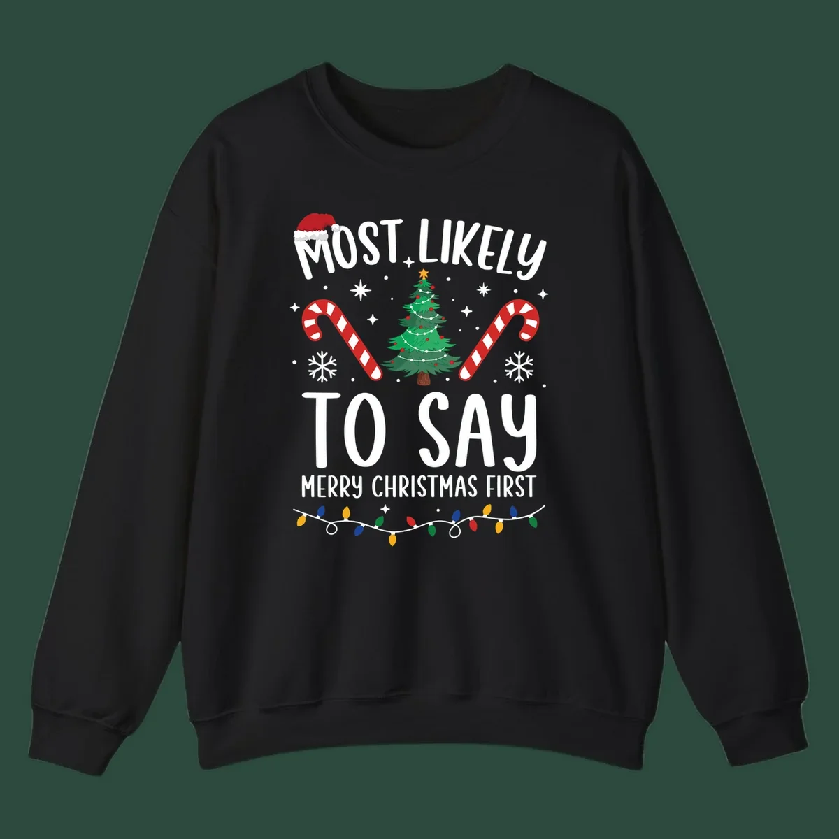 Most Likely To Say Merry Christmas First text with Christmas tree, candy canes, and Santa hat. Merry Christmas First keyword.
