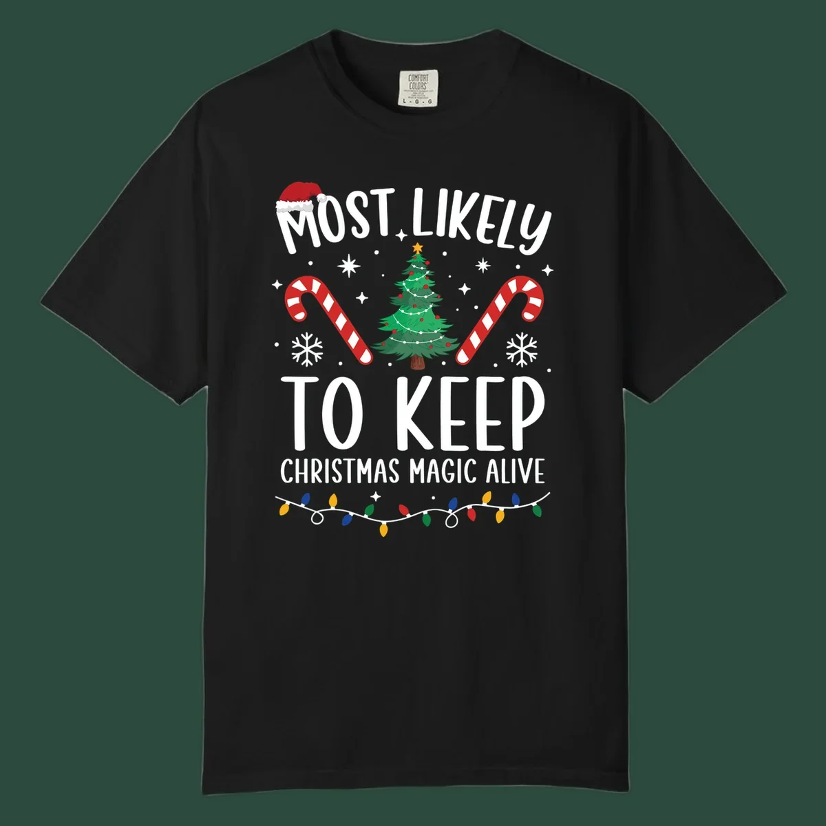 Text reads 'Most Likely To Keep Christmas Magic Alive' with festive Christmas graphics like a Santa hat, tree, and candy canes.