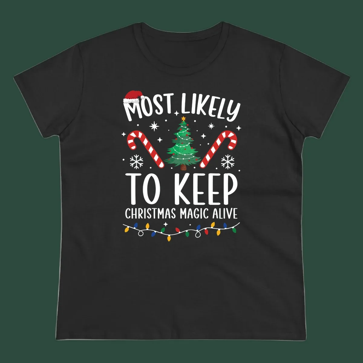 Text reads 'Most Likely To Keep Christmas Magic Alive' with festive Christmas graphics like a Santa hat, tree, and candy canes.