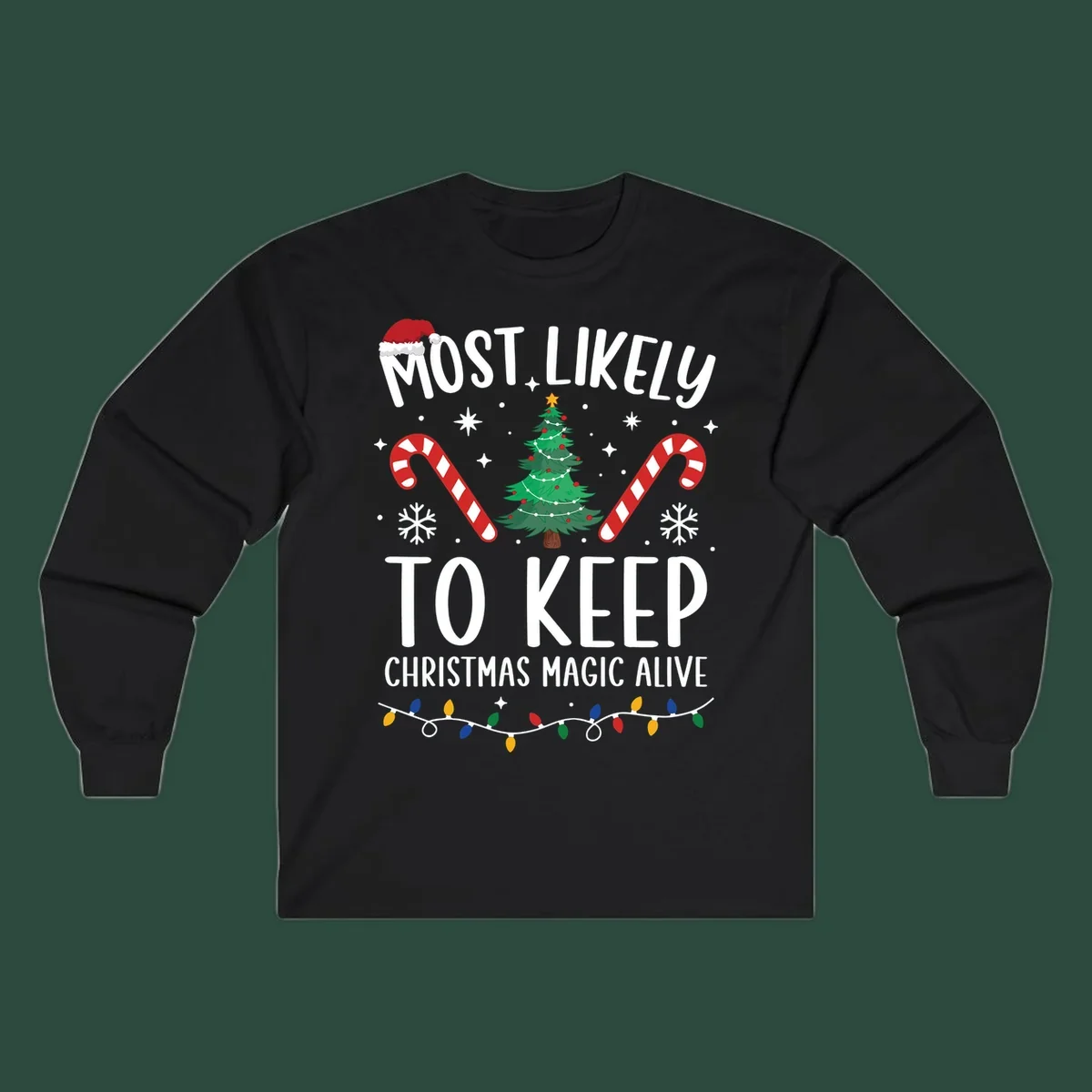 Text reads 'Most Likely To Keep Christmas Magic Alive' with festive Christmas graphics like a Santa hat, tree, and candy canes.