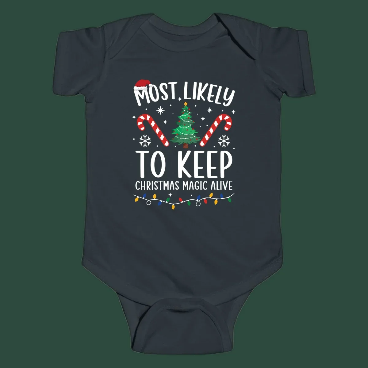 Text reads 'Most Likely To Keep Christmas Magic Alive' with festive Christmas graphics like a Santa hat, tree, and candy canes.