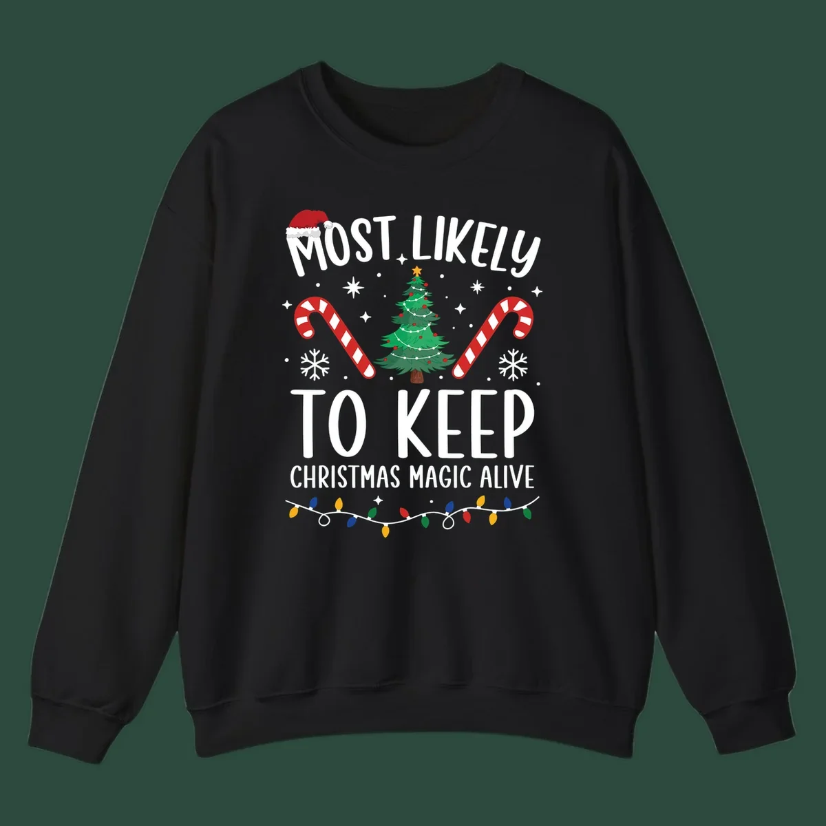 Text reads 'Most Likely To Keep Christmas Magic Alive' with festive Christmas graphics like a Santa hat, tree, and candy canes.
