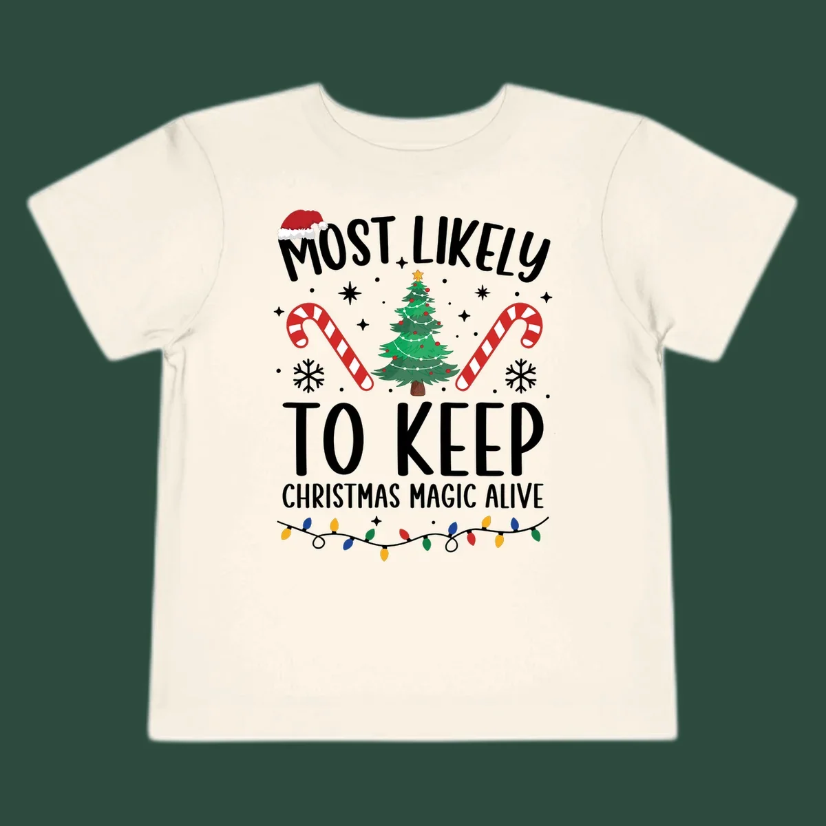 Text reads 'Most Likely To Keep Christmas Magic Alive' with festive Christmas graphics like a Santa hat, tree, and candy canes.