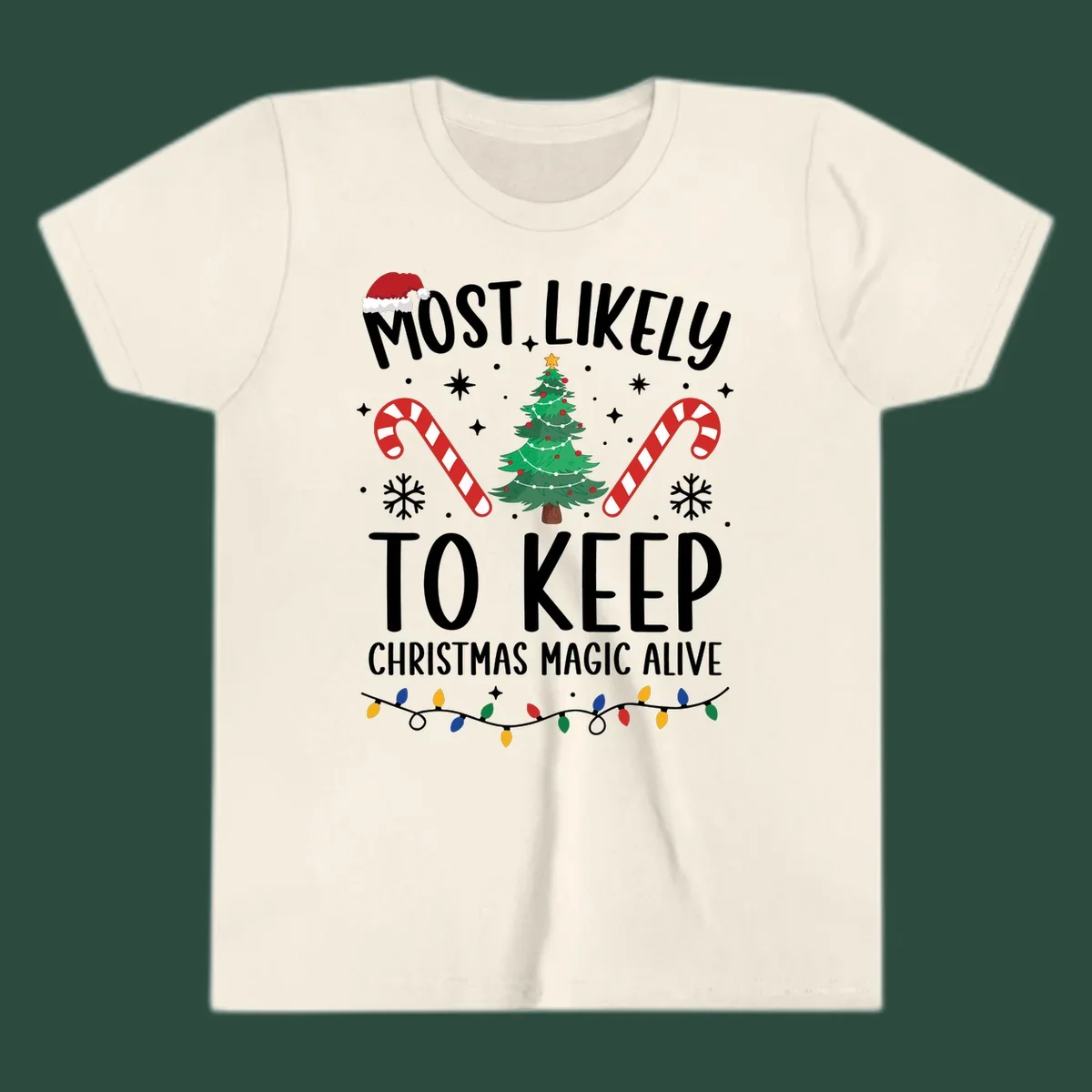 Text reads 'Most Likely To Keep Christmas Magic Alive' with festive Christmas graphics like a Santa hat, tree, and candy canes.