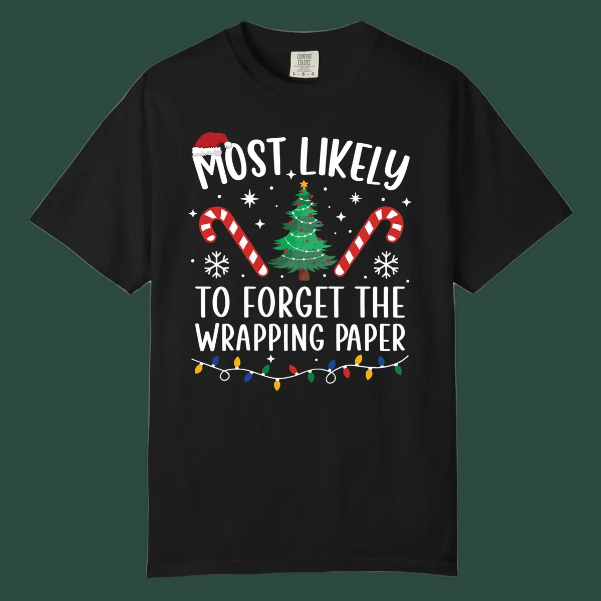 Most Likely To Forget Wrapping Paper Christmas design with text, tree, candy canes, and lights.