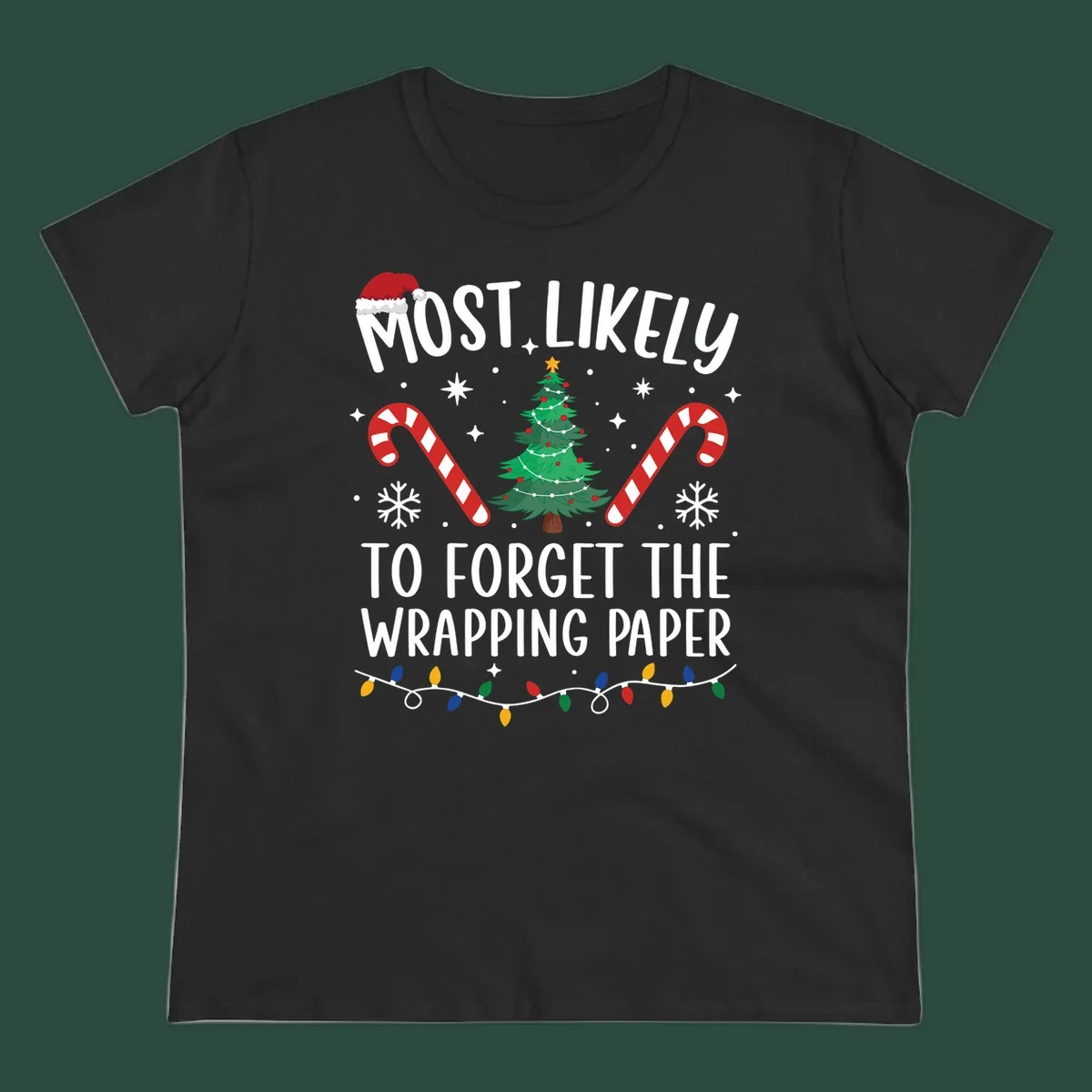 Most Likely To Forget Wrapping Paper Christmas design with text, tree, candy canes, and lights.