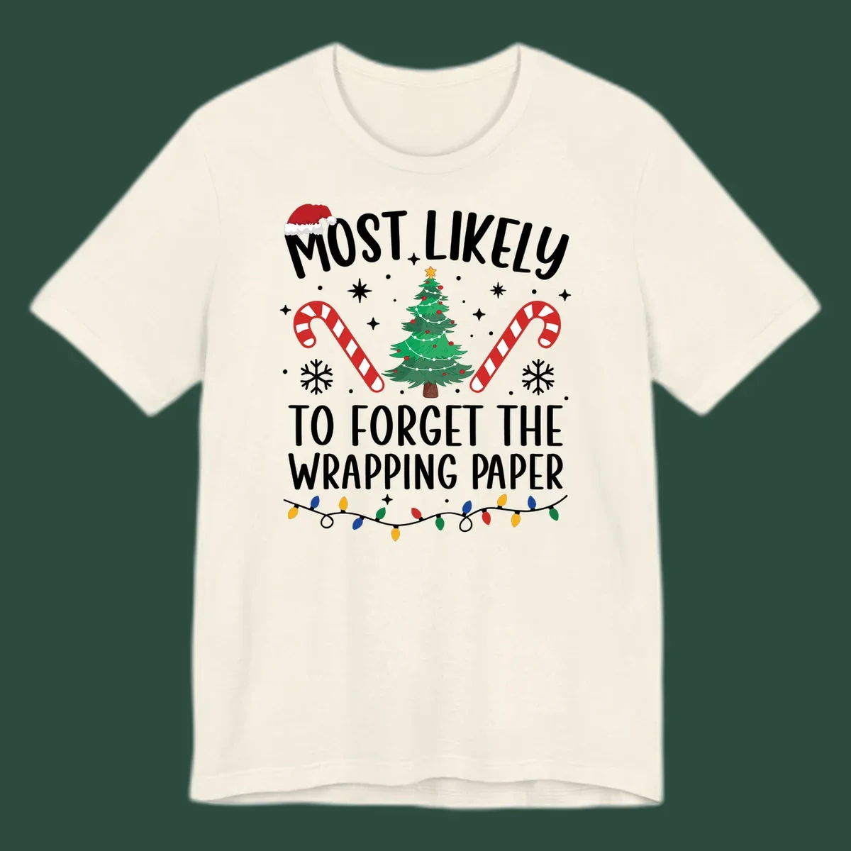 Most Likely To Forget Wrapping Paper Christmas design with text, tree, candy canes, and lights.
