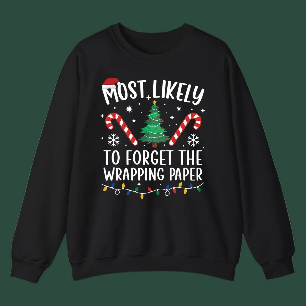 Most Likely To Forget Wrapping Paper Christmas design with text, tree, candy canes, and lights.