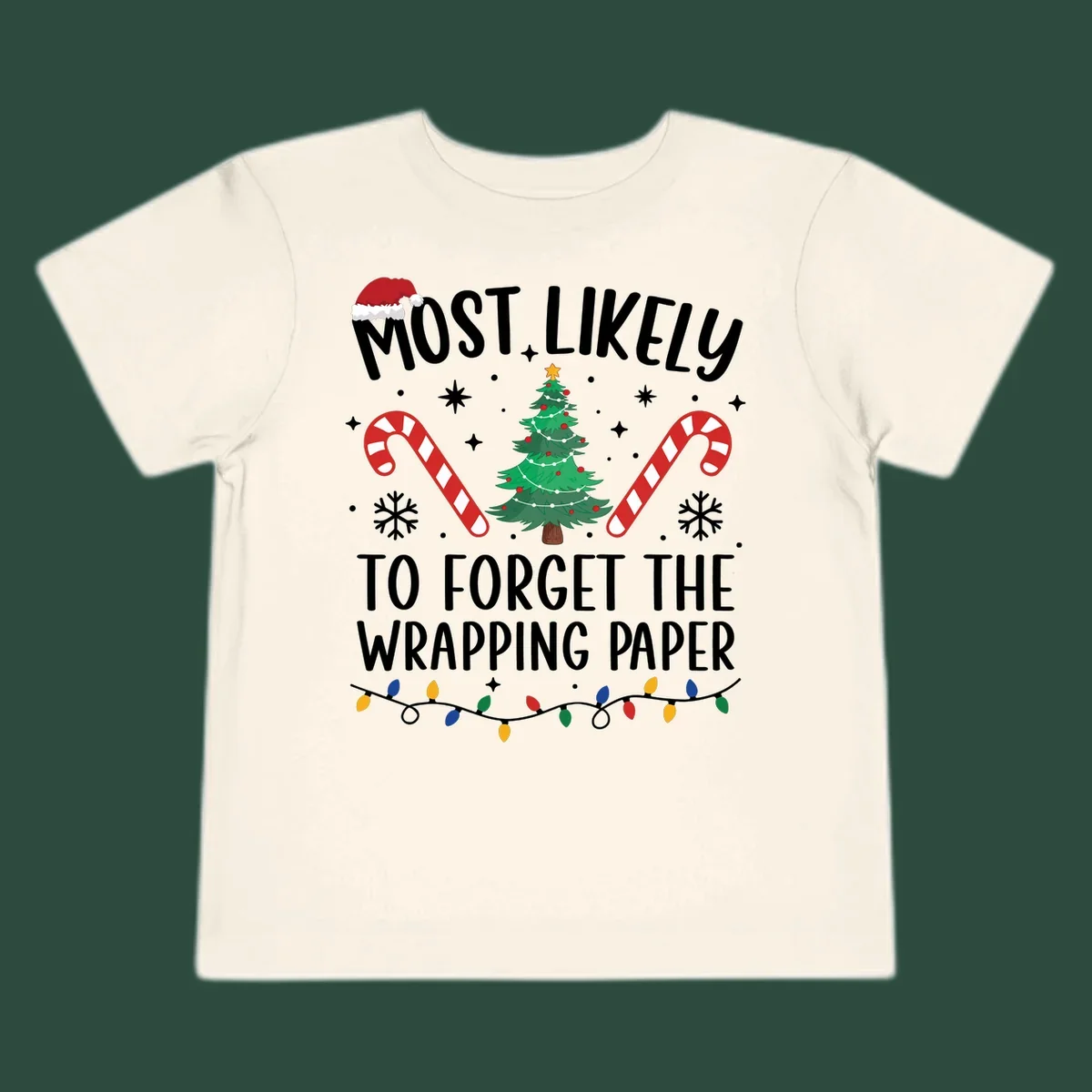 Most Likely To Forget Wrapping Paper Christmas design with text, tree, candy canes, and lights.