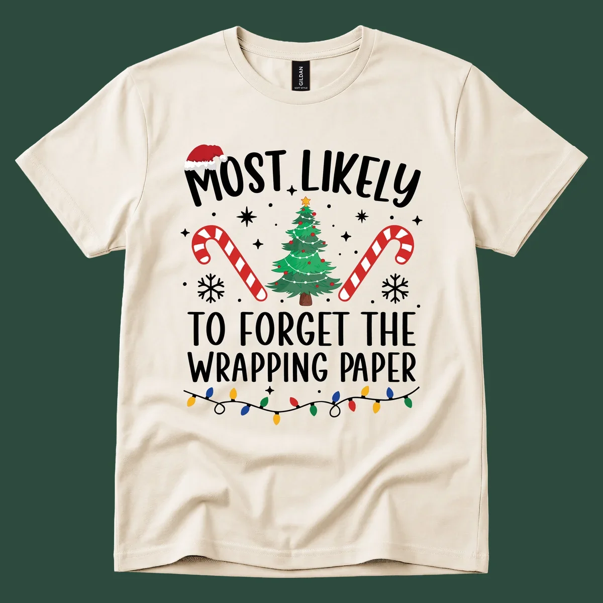 Most Likely To Forget Wrapping Paper Christmas design with text, tree, candy canes, and lights.