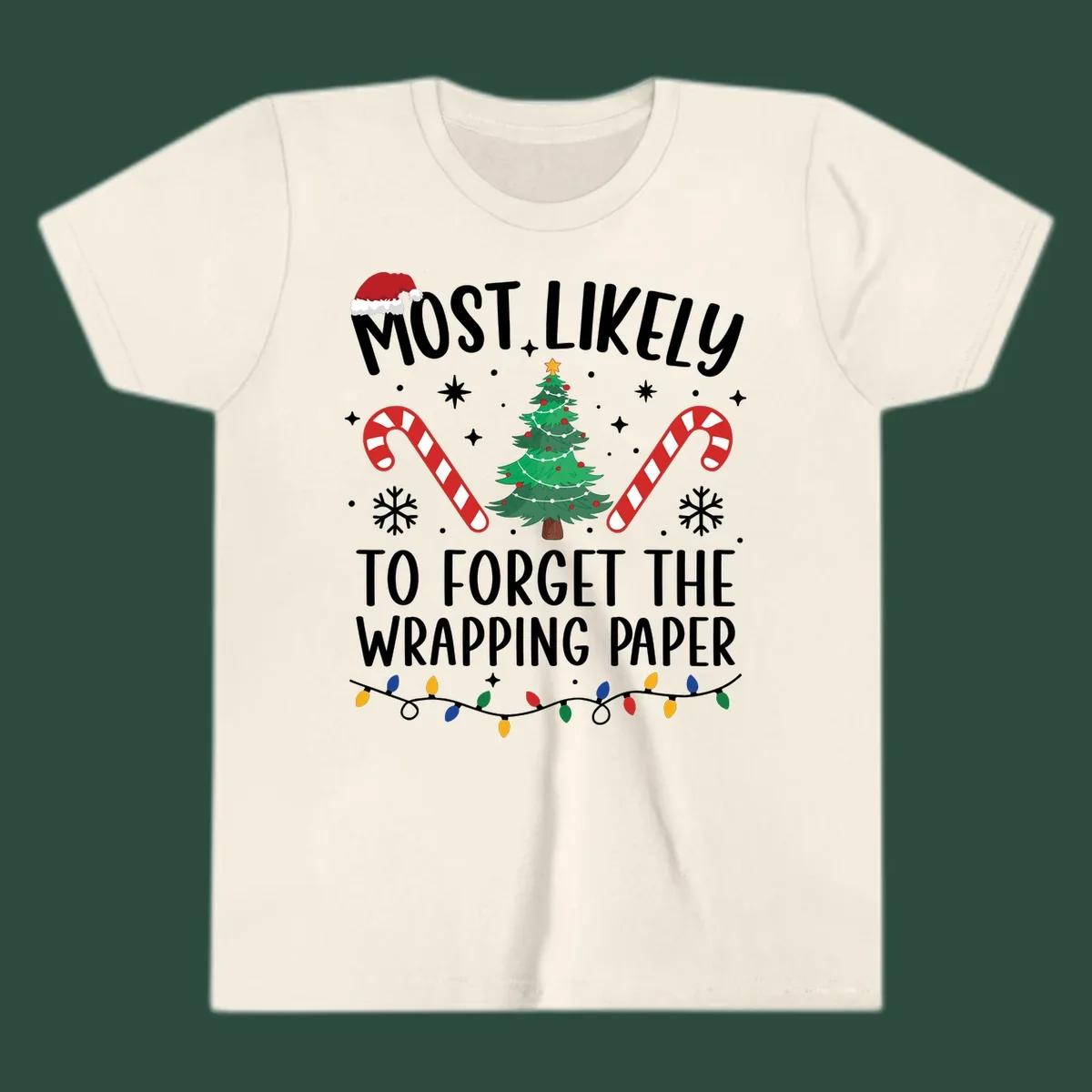 Most Likely To Forget Wrapping Paper Christmas design with text, tree, candy canes, and lights.