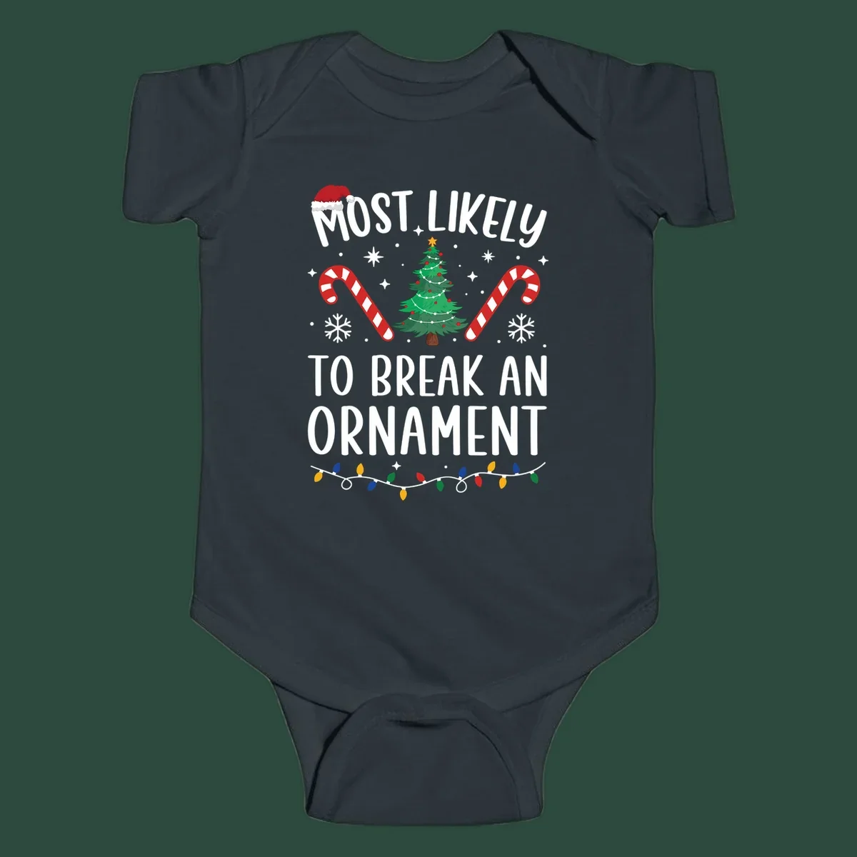 Most likely to break ornament Christmas graphic with text, tree, candy canes, and Santa hat.