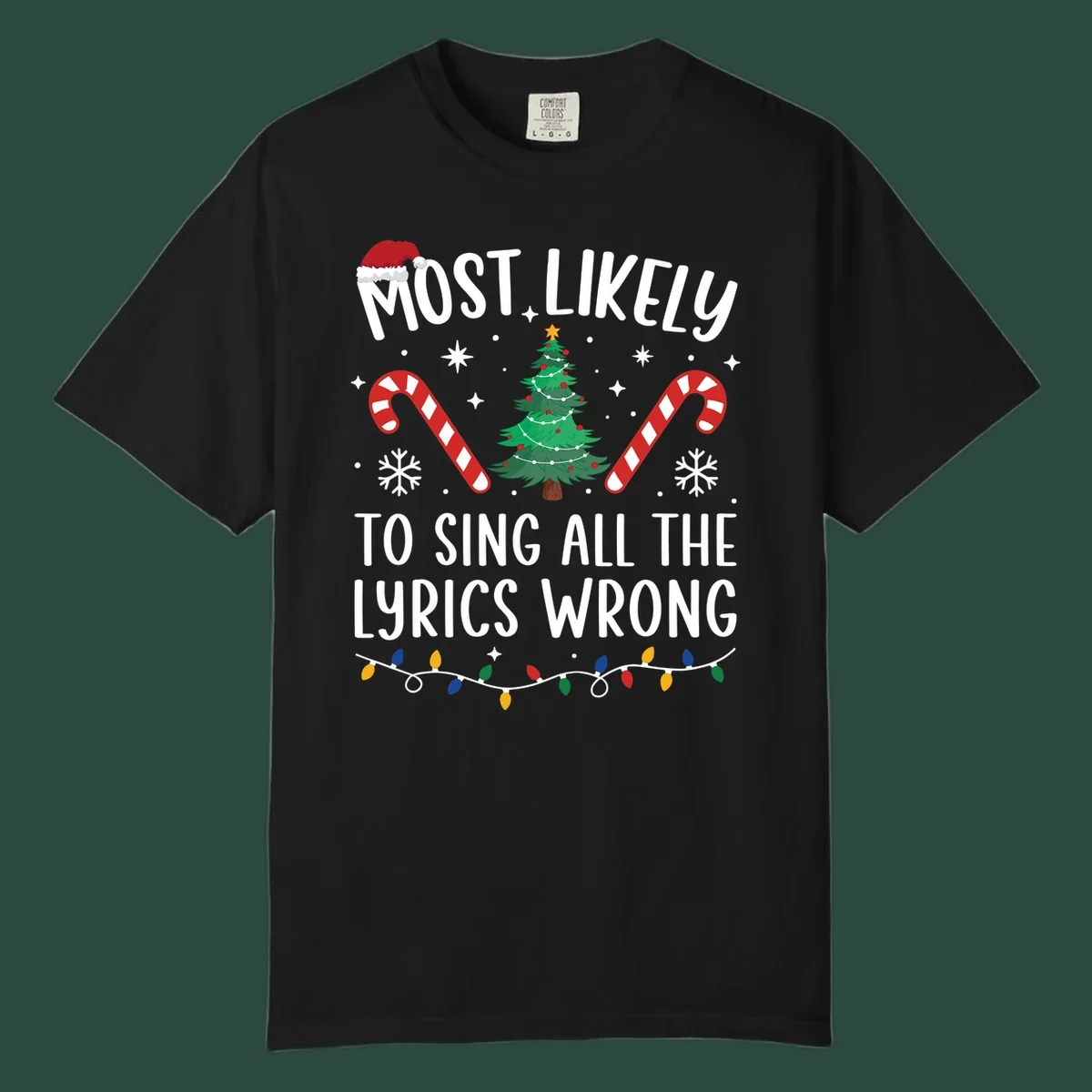 Most likely to sing all the lyrics wrong christmas design with text and festive icons.