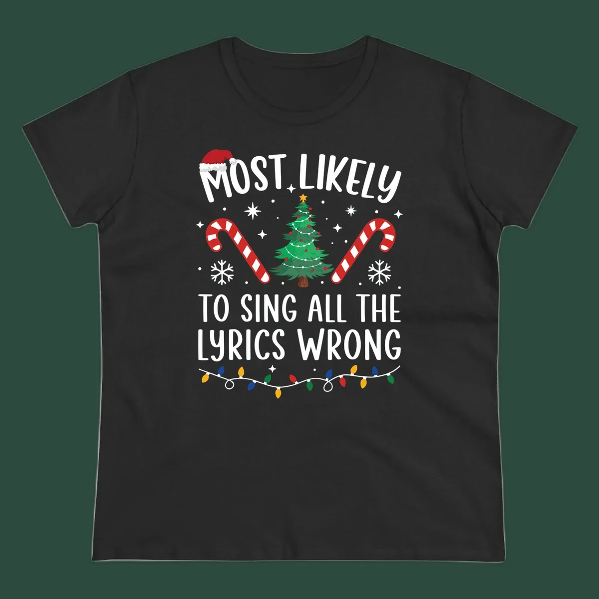 Most likely to sing all the lyrics wrong christmas design with text and festive icons.