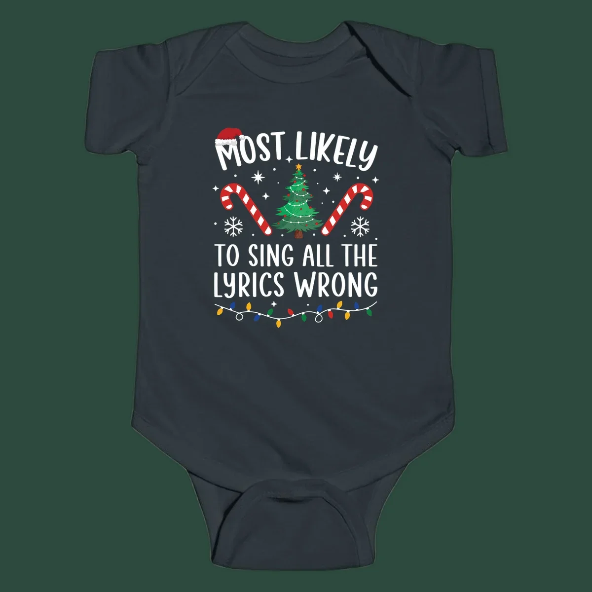 Most likely to sing all the lyrics wrong christmas design with text and festive icons.