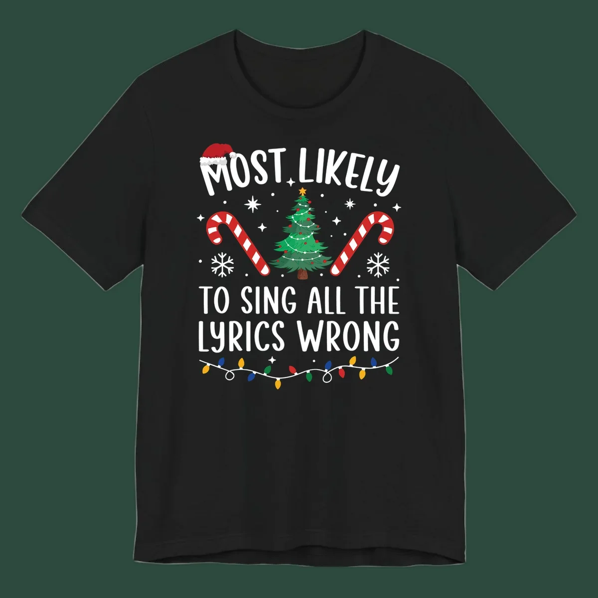 Most likely to sing all the lyrics wrong christmas design with text and festive icons.