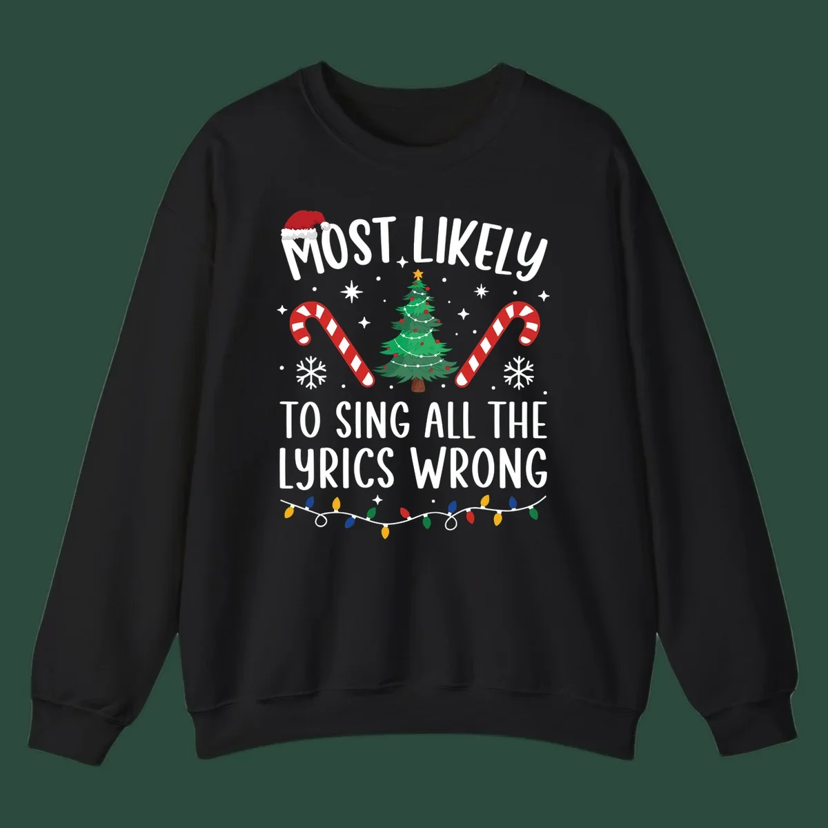 Most likely to sing all the lyrics wrong christmas design with text and festive icons.