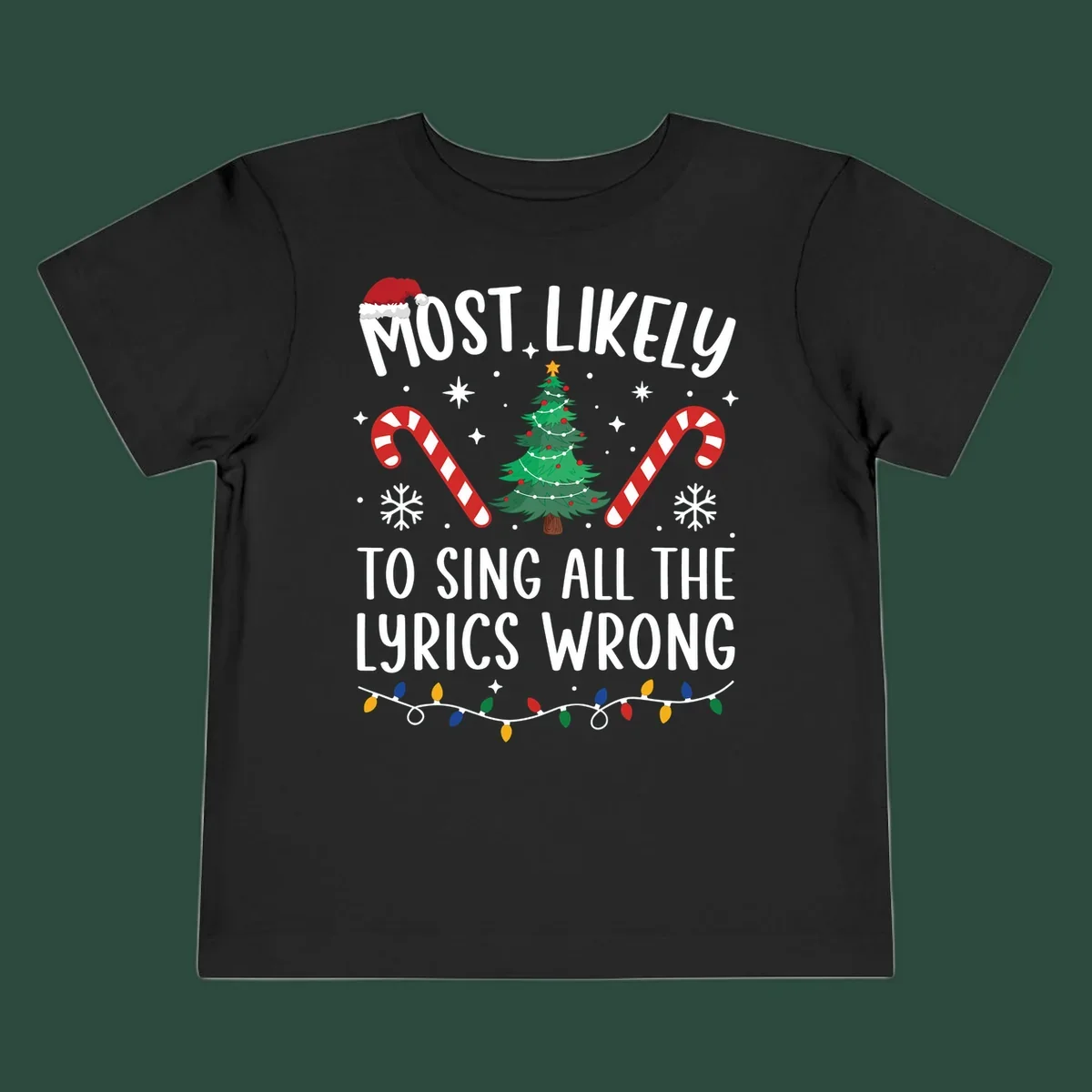 Most likely to sing all the lyrics wrong christmas design with text and festive icons.