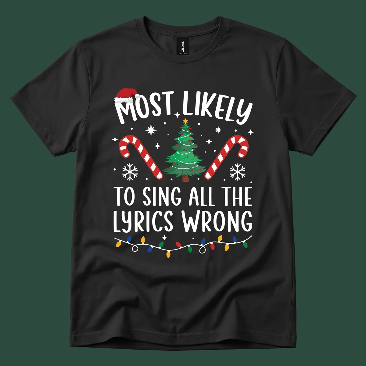 Most likely to sing all the lyrics wrong christmas design with text and festive icons.