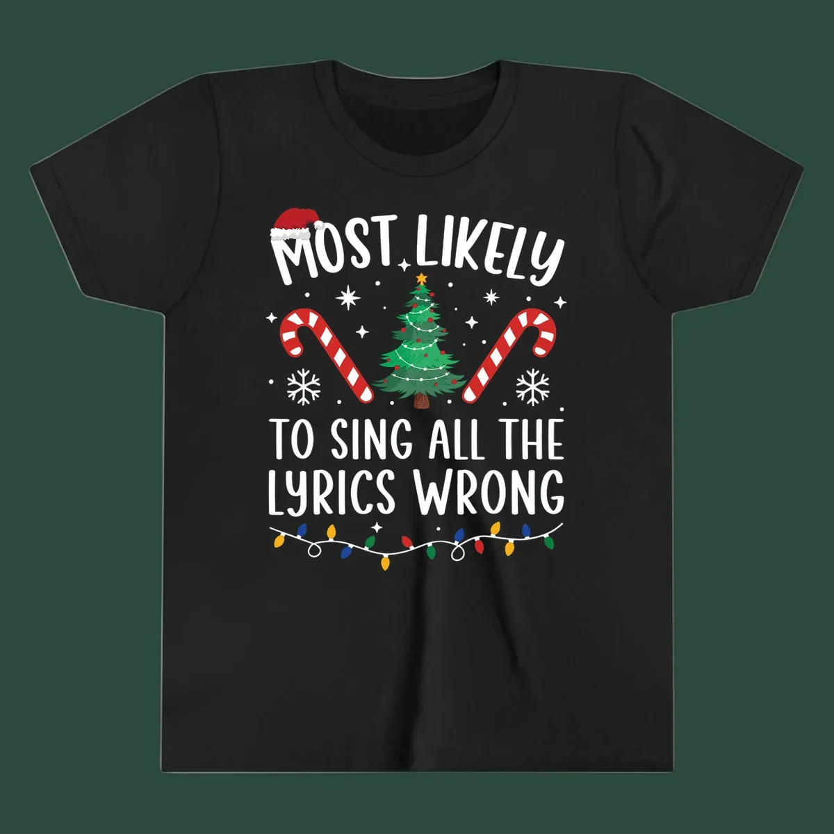 Most likely to sing all the lyrics wrong christmas design with text and festive icons.
