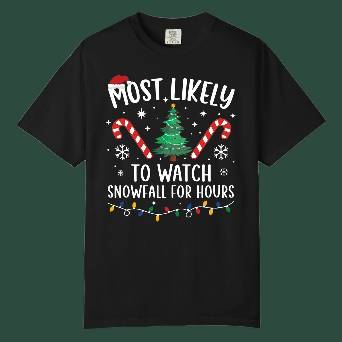 Most Likely To Watch Snowfall For Hours Christmas design with festive elements.