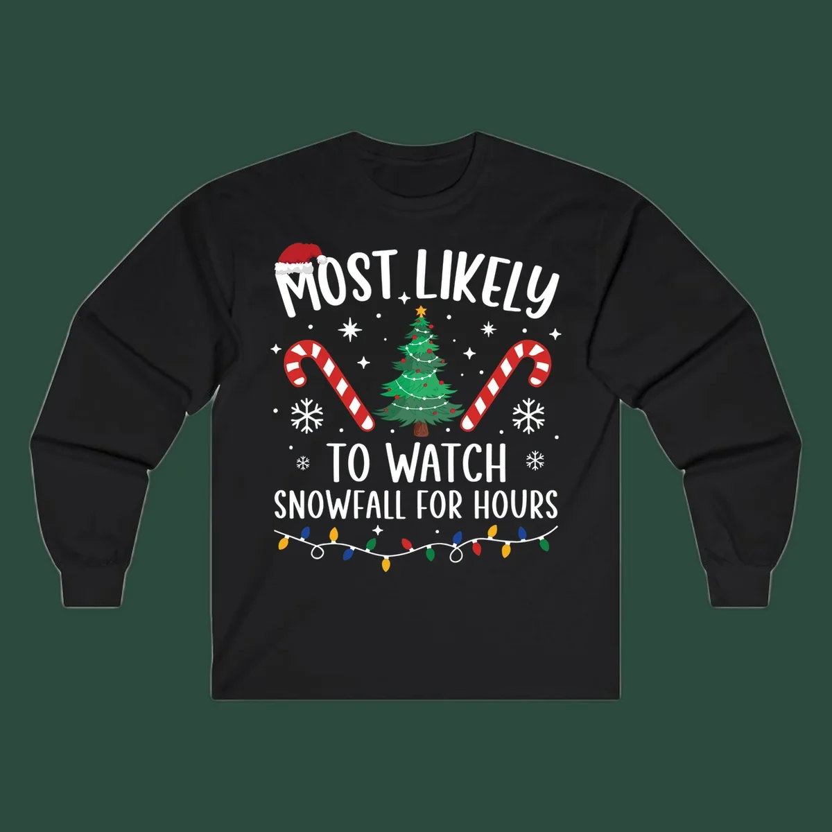 Most Likely To Watch Snowfall For Hours Christmas design with festive elements.