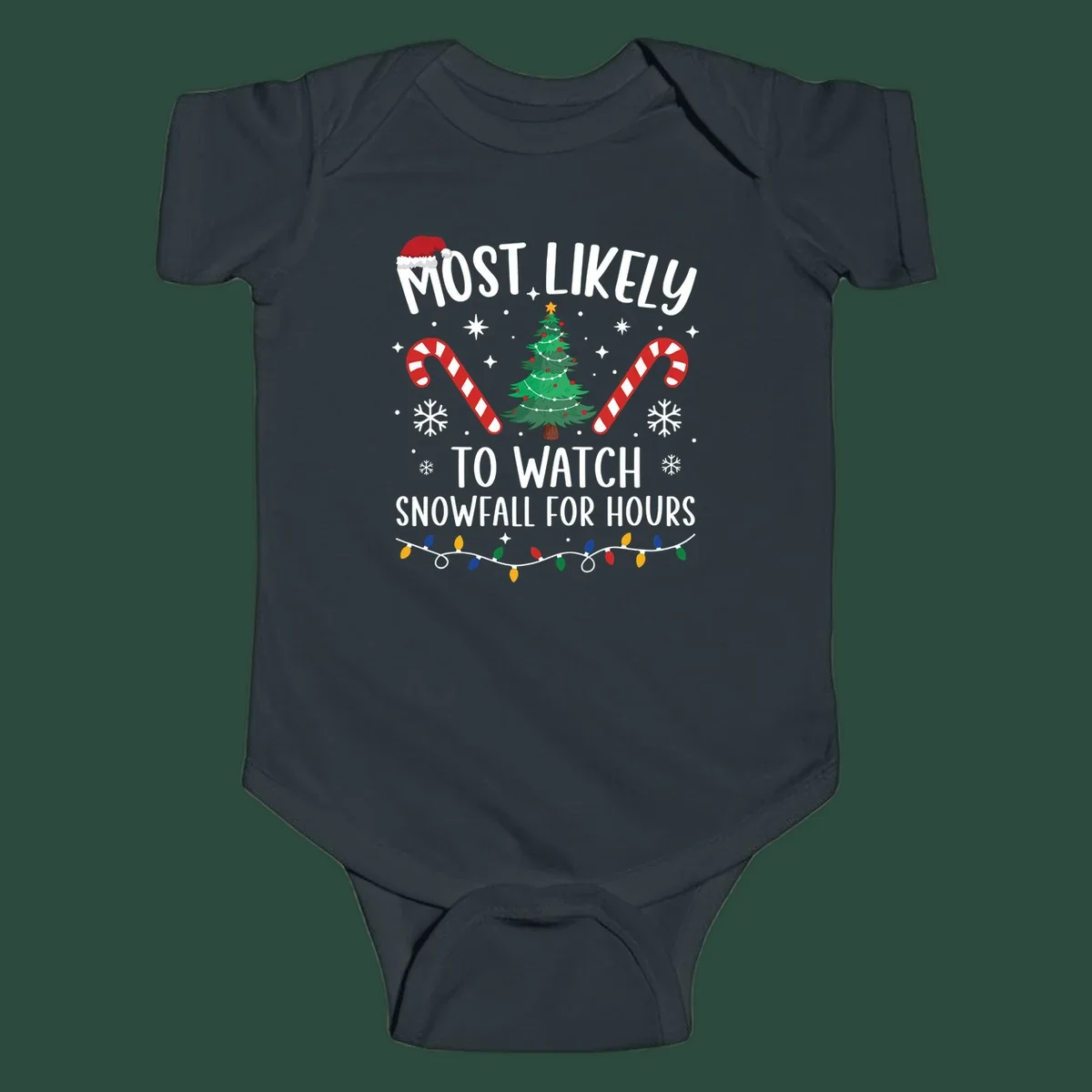 Most Likely To Watch Snowfall For Hours Christmas design with festive elements.
