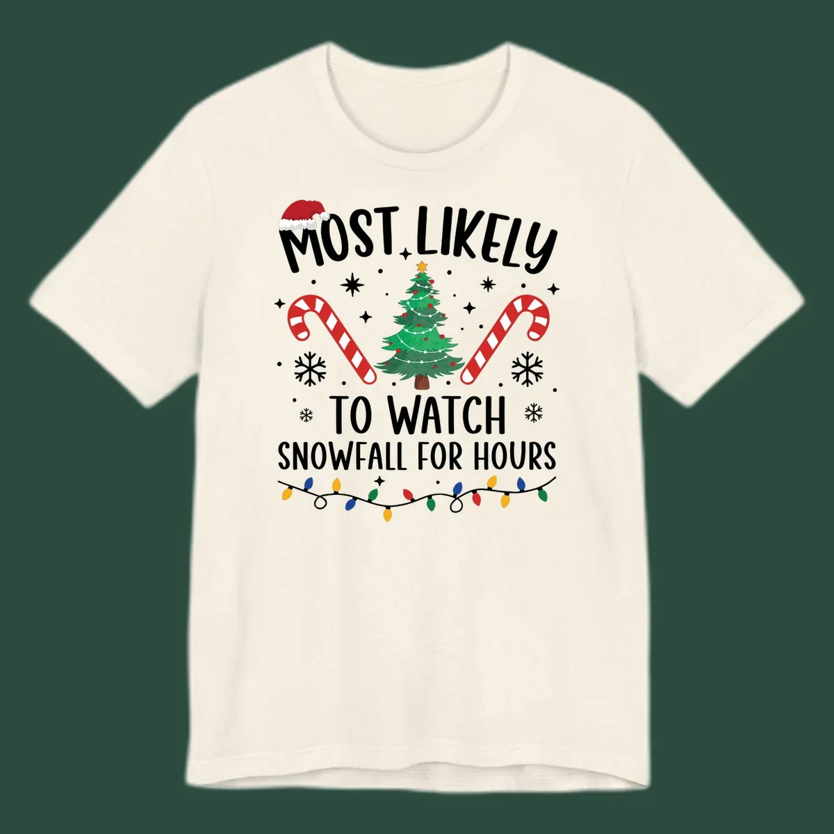 Most Likely To Watch Snowfall For Hours Christmas design with festive elements.