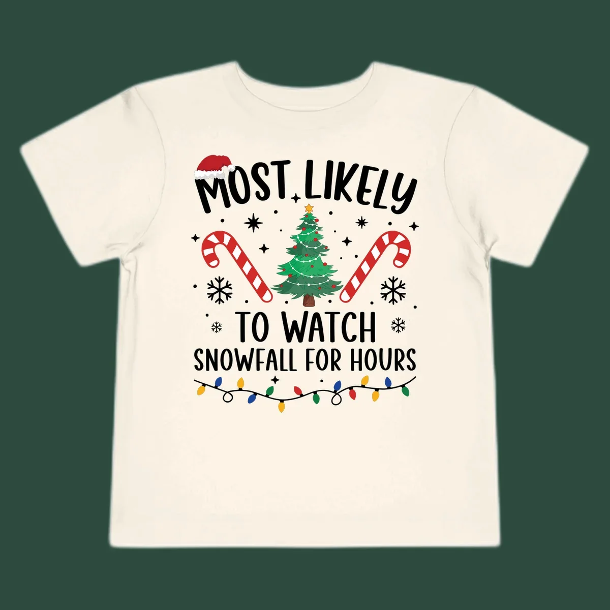 Most Likely To Watch Snowfall For Hours Christmas design with festive elements.