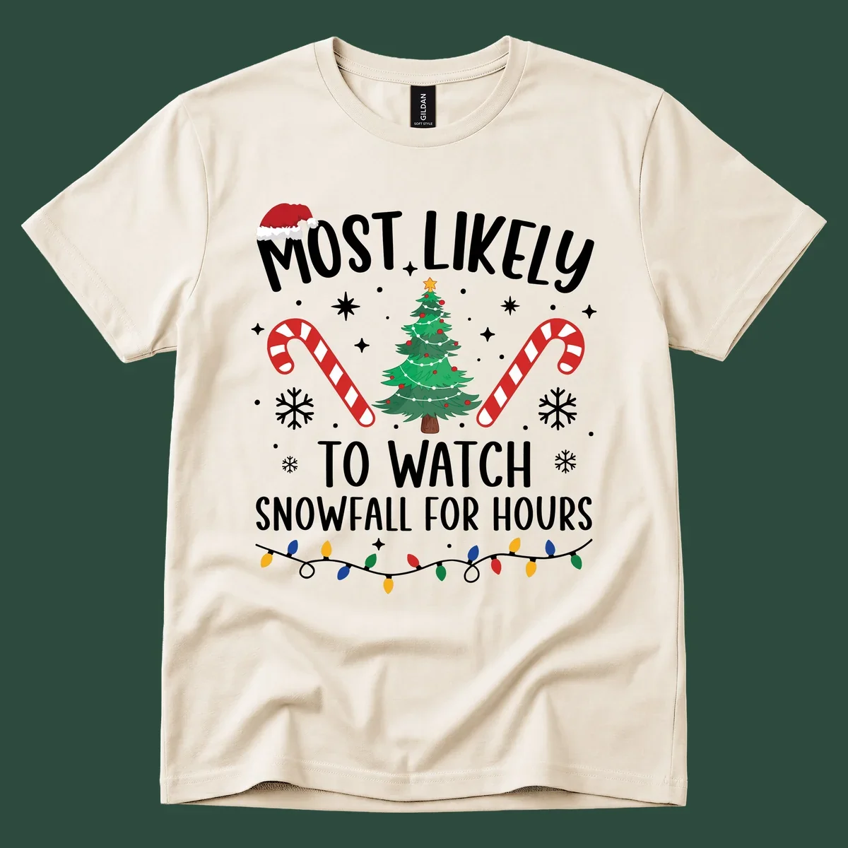 Most Likely To Watch Snowfall For Hours Christmas design with festive elements.