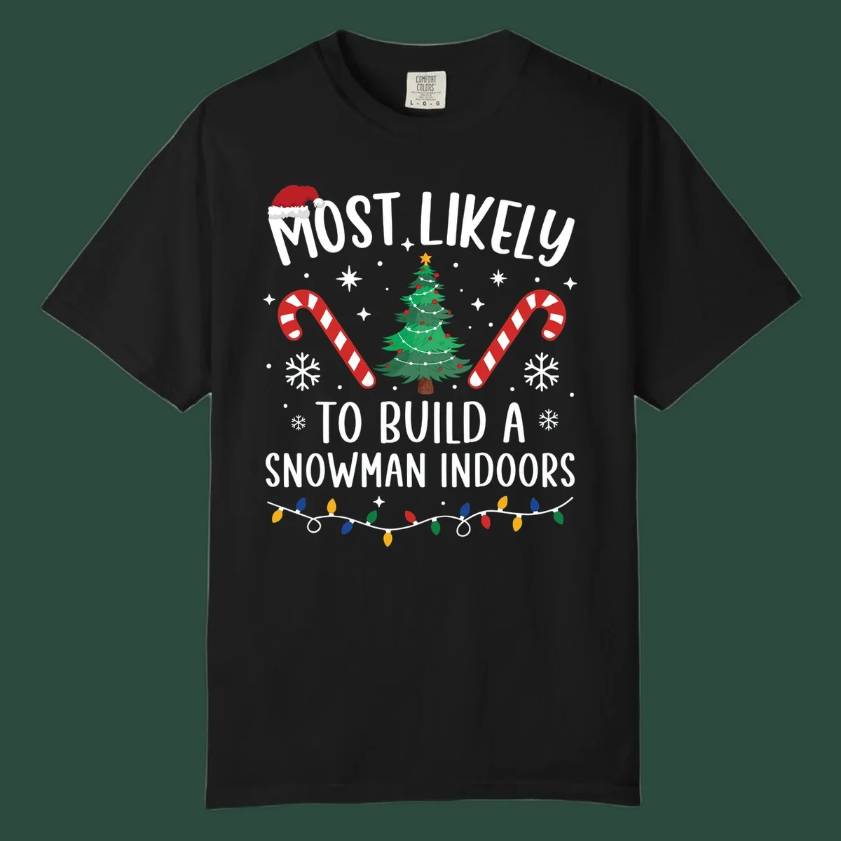 Most Likely To Build A Snowman Indoors text with Christmas graphics, including a tree and candy canes.