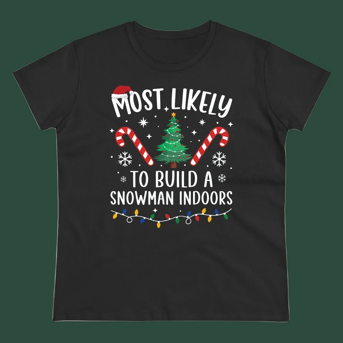 Most Likely To Build A Snowman Indoors text with Christmas graphics, including a tree and candy canes.