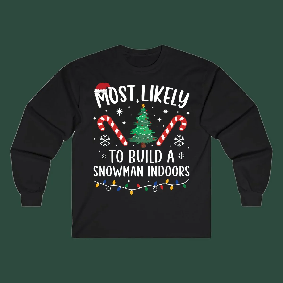 Most Likely To Build A Snowman Indoors text with Christmas graphics, including a tree and candy canes.