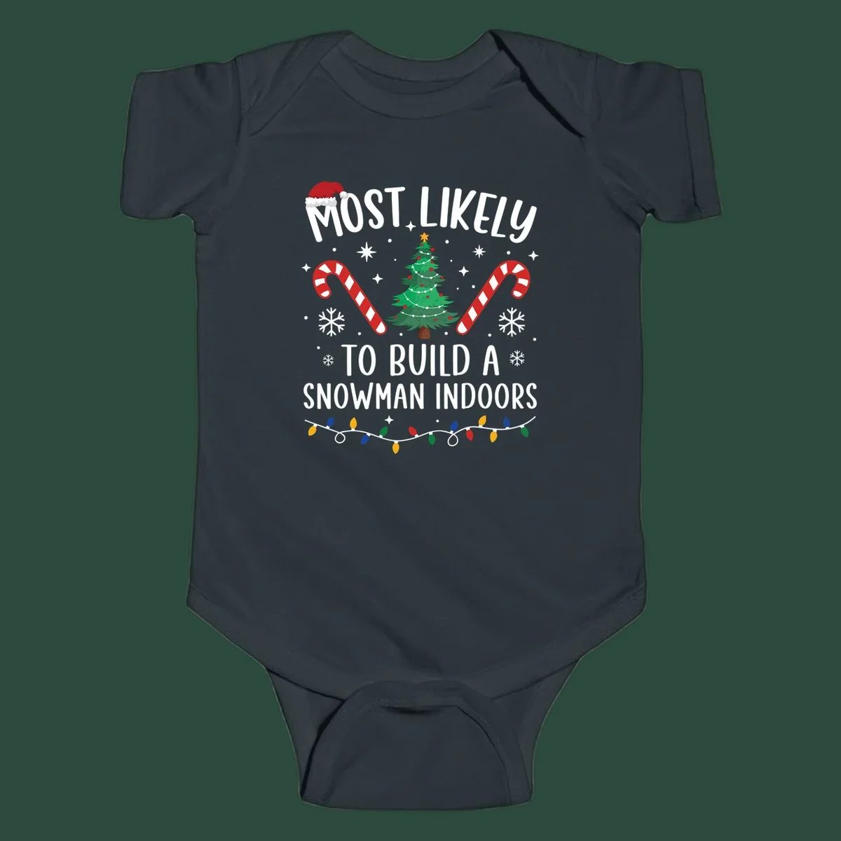 Most Likely To Build A Snowman Indoors text with Christmas graphics, including a tree and candy canes.